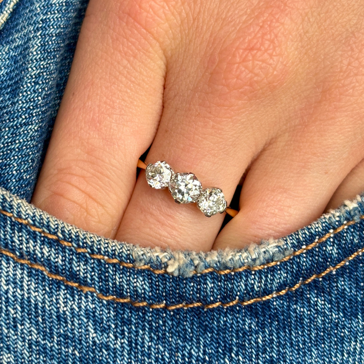 Antique, Edwardian three-stone diamond ring