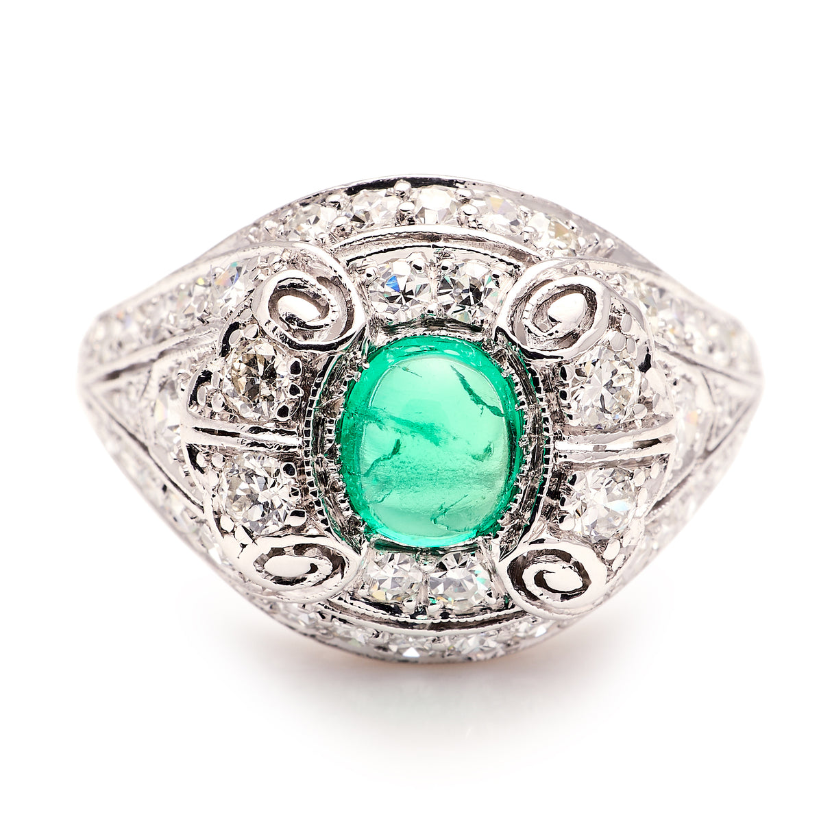 2240-Vintage, 1940s cabochon emerald & diamond ring