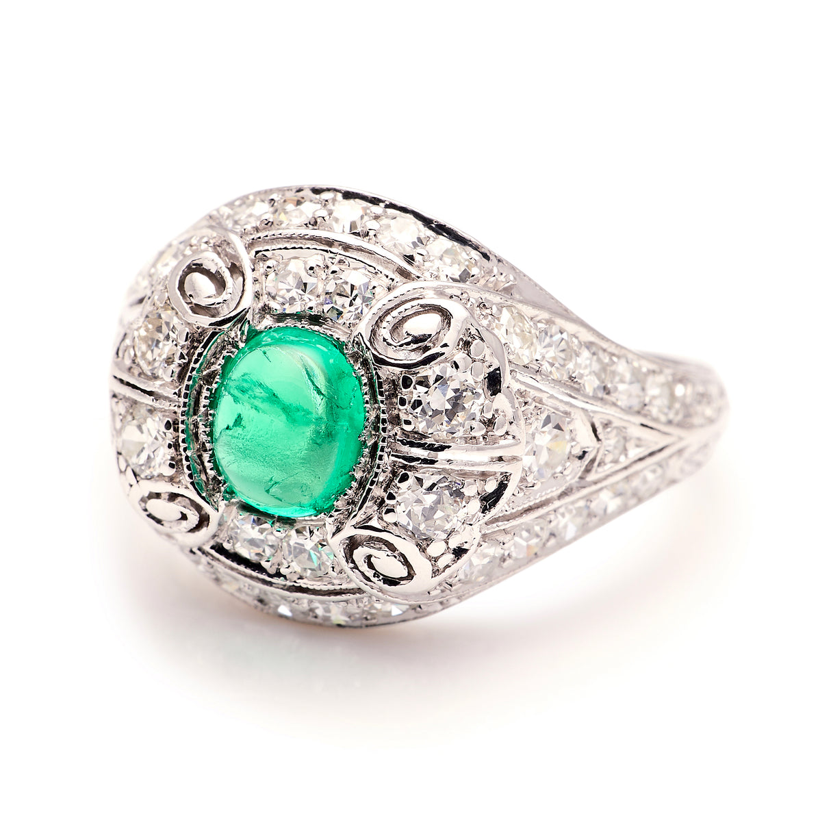 2240-Vintage, 1940s cabochon emerald & diamond ring