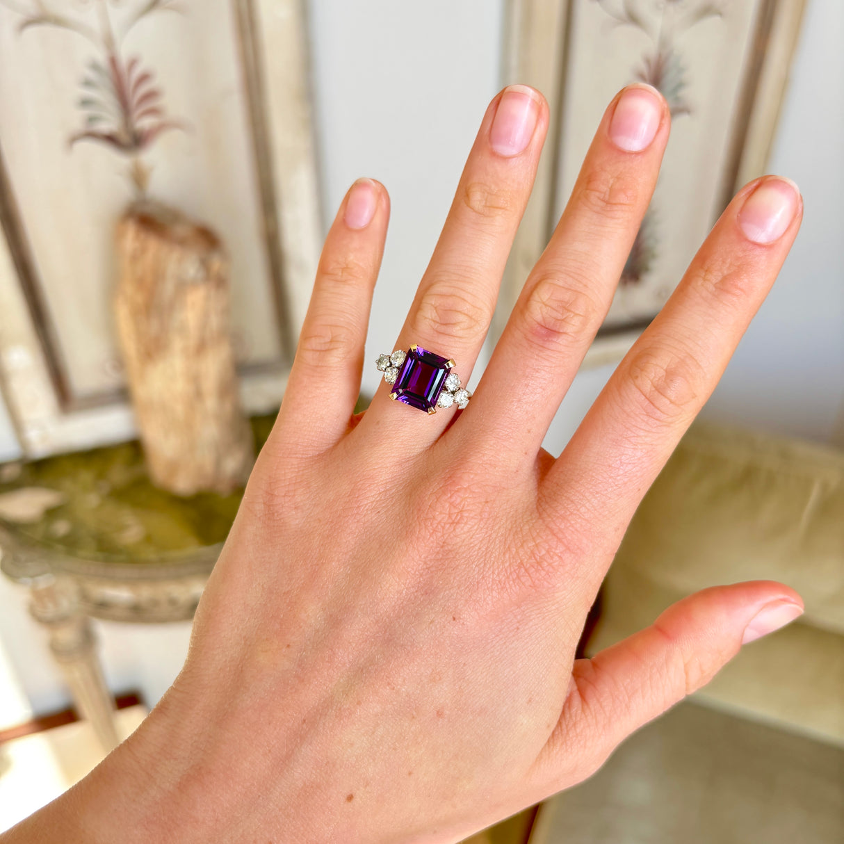 Contemporary, amethyst & diamond cluster ring