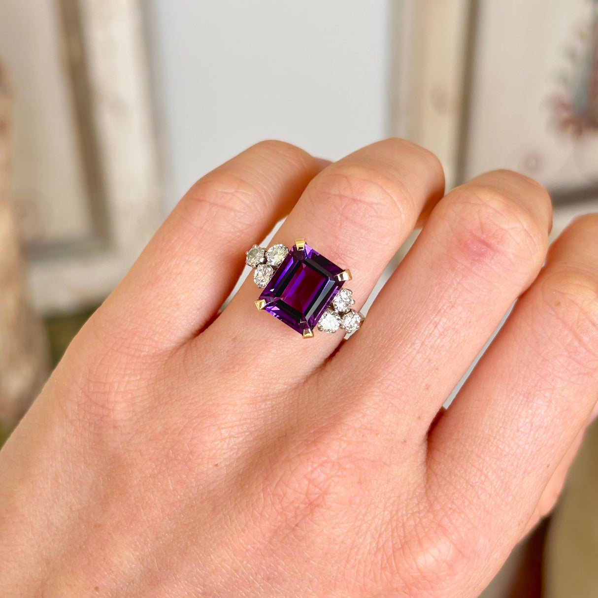 Contemporary, amethyst & diamond cluster ring