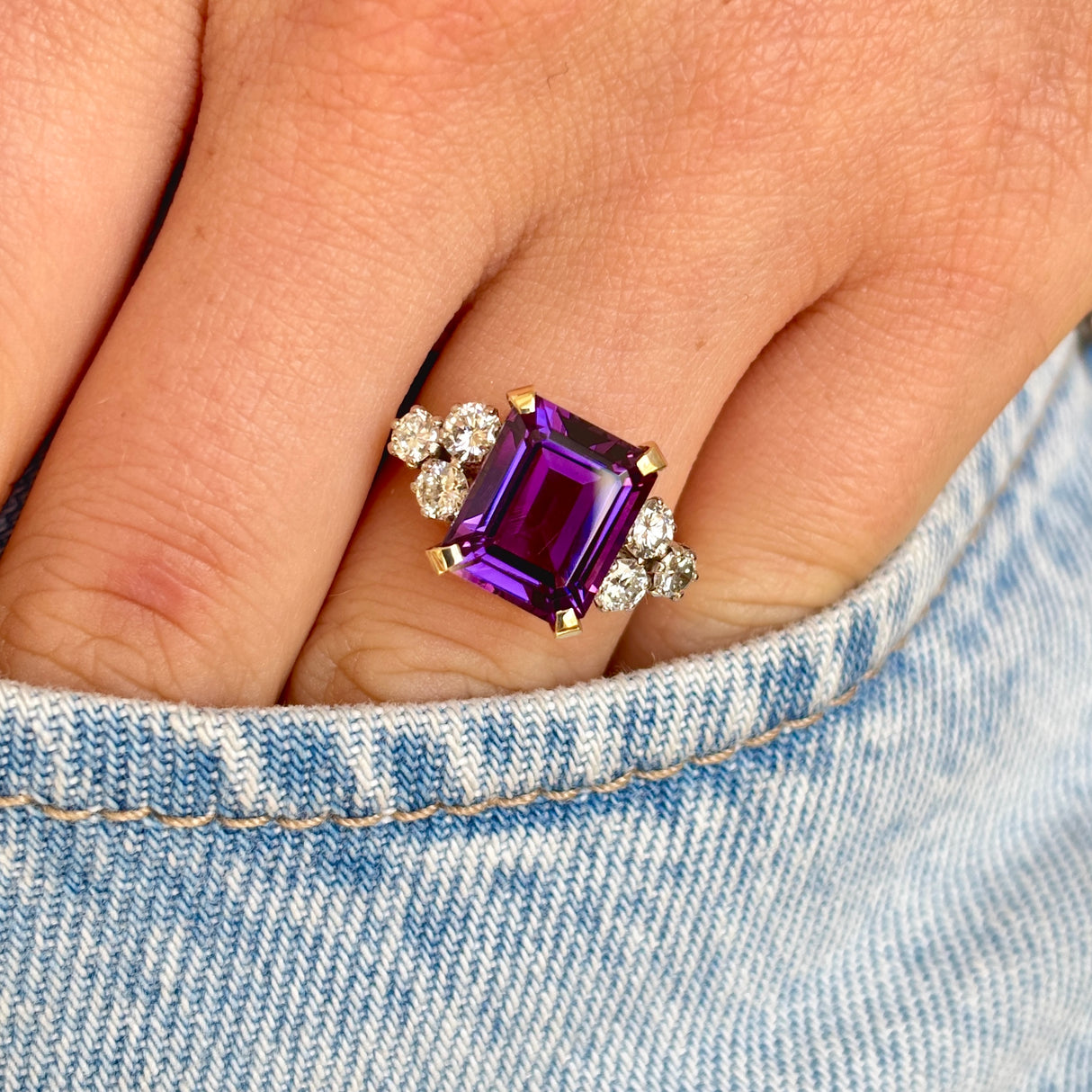 Contemporary, amethyst & diamond cluster ring