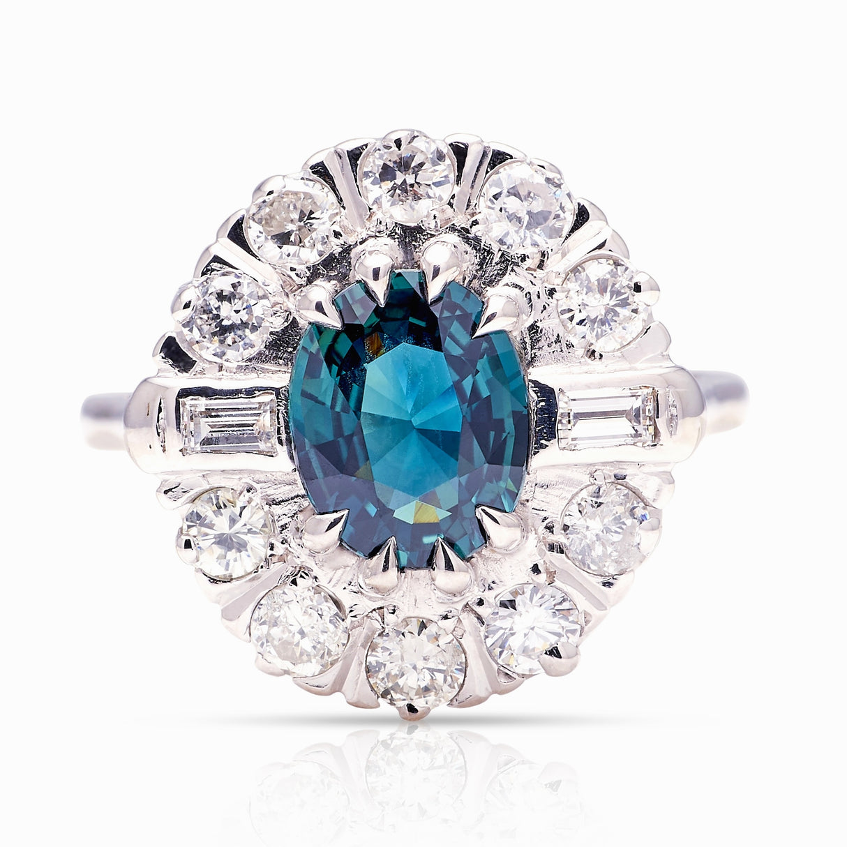 Vintage, 1970s teal sapphire & diamond cluster cocktail ring