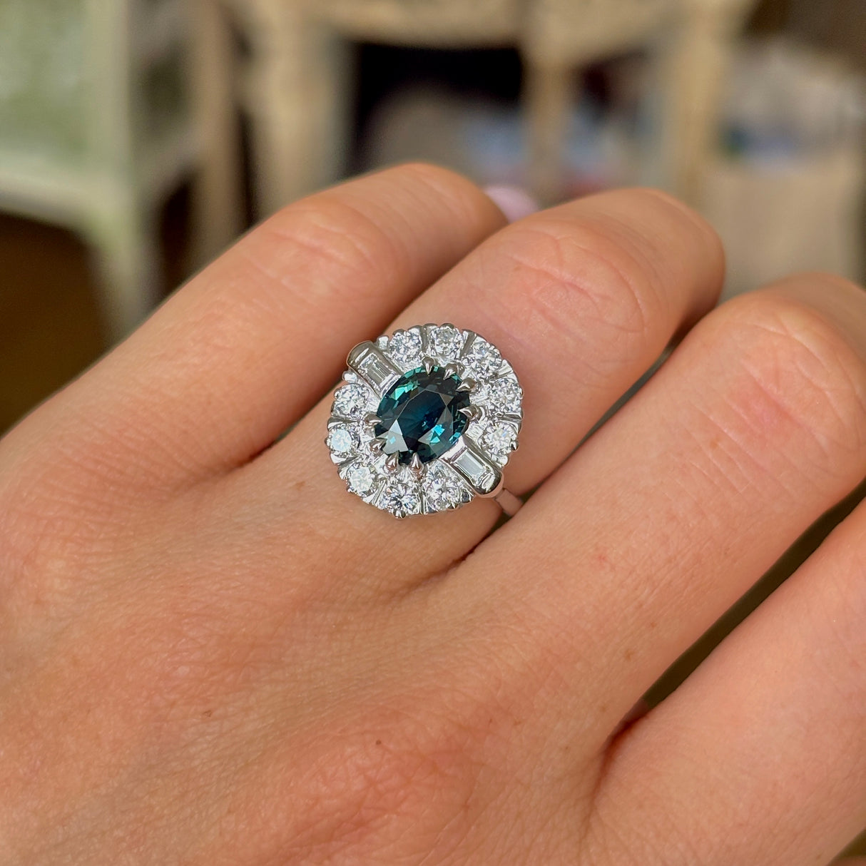 Vintage, 1970s teal sapphire & diamond cluster ring