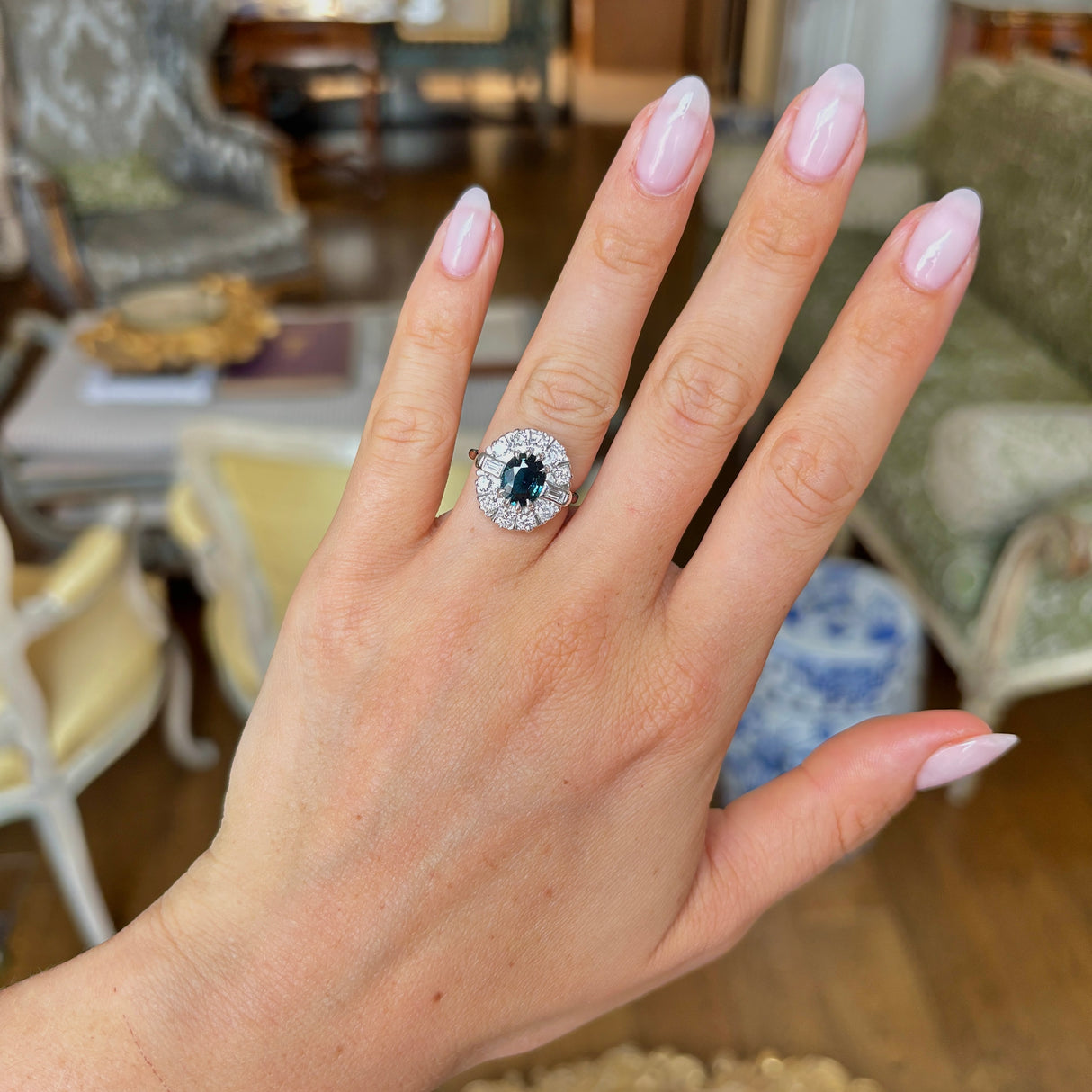 Vintage, 1970s teal sapphire & diamond cluster ring