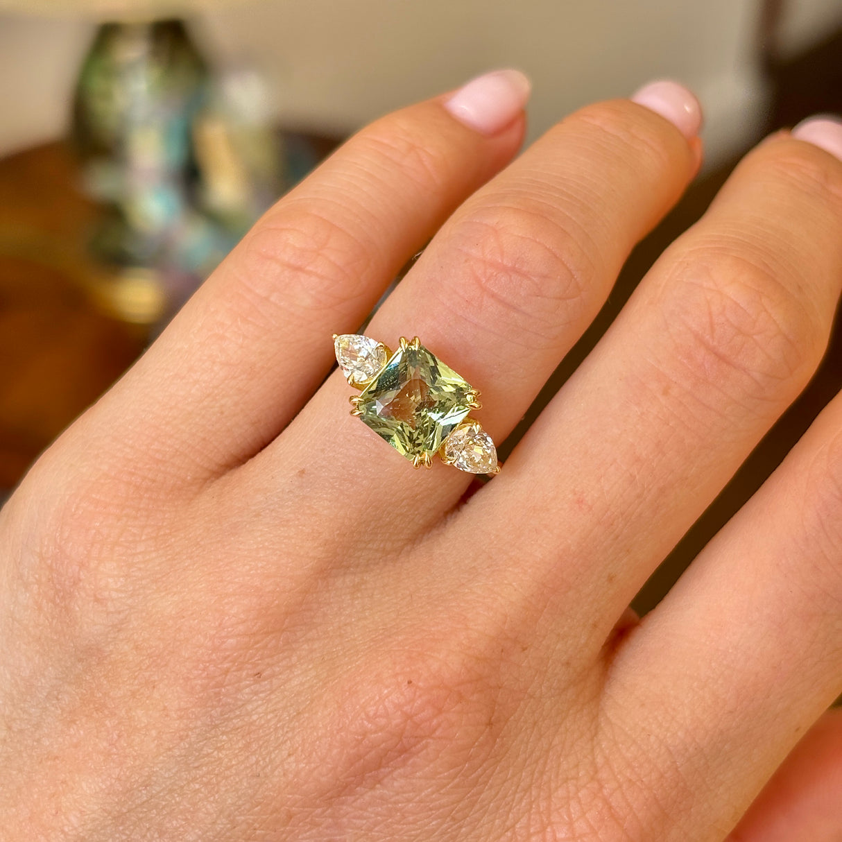 Vintage, green sapphire & diamond three-stone ring