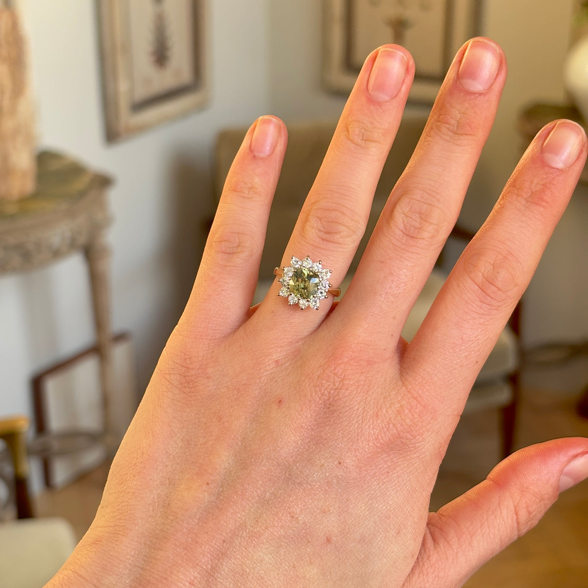 DEPOSIT | Vintage, 1970s green sapphire & diamond cluster ring
