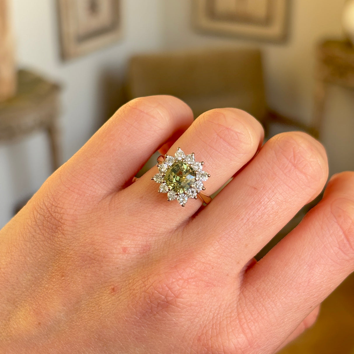 DEPOSIT | Vintage, 1970s green sapphire & diamond cluster ring