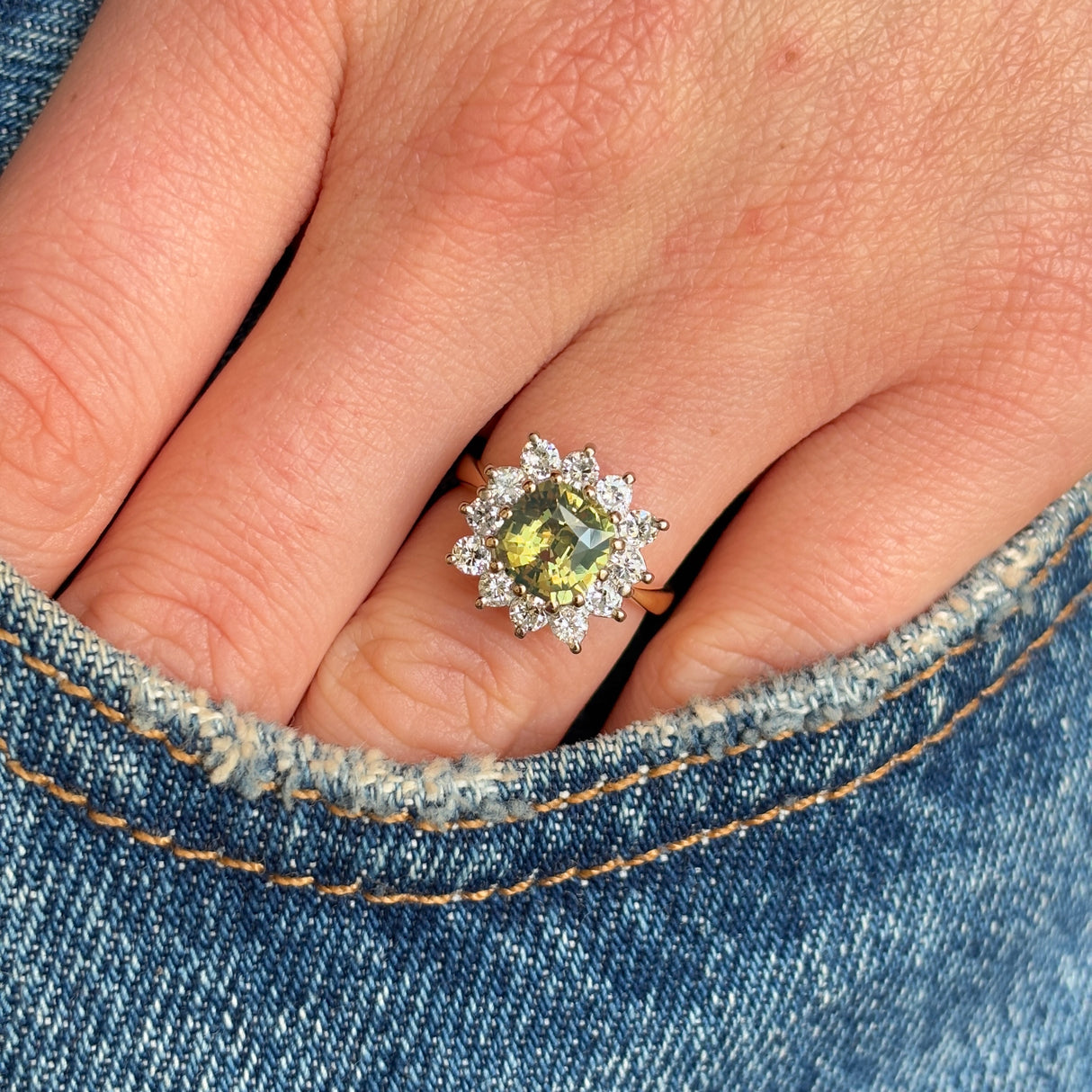 DEPOSIT | Vintage, 1970s green sapphire & diamond cluster ring