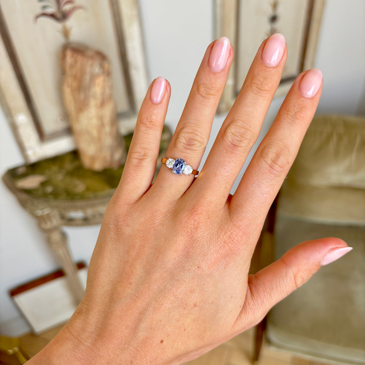 Vintage, 1980s sapphire & diamond three-stone ring, 18ct yellow gold