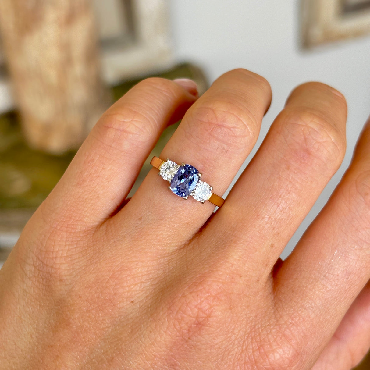 Vintage, 1980s sapphire & diamond three-stone ring, 18ct yellow gold