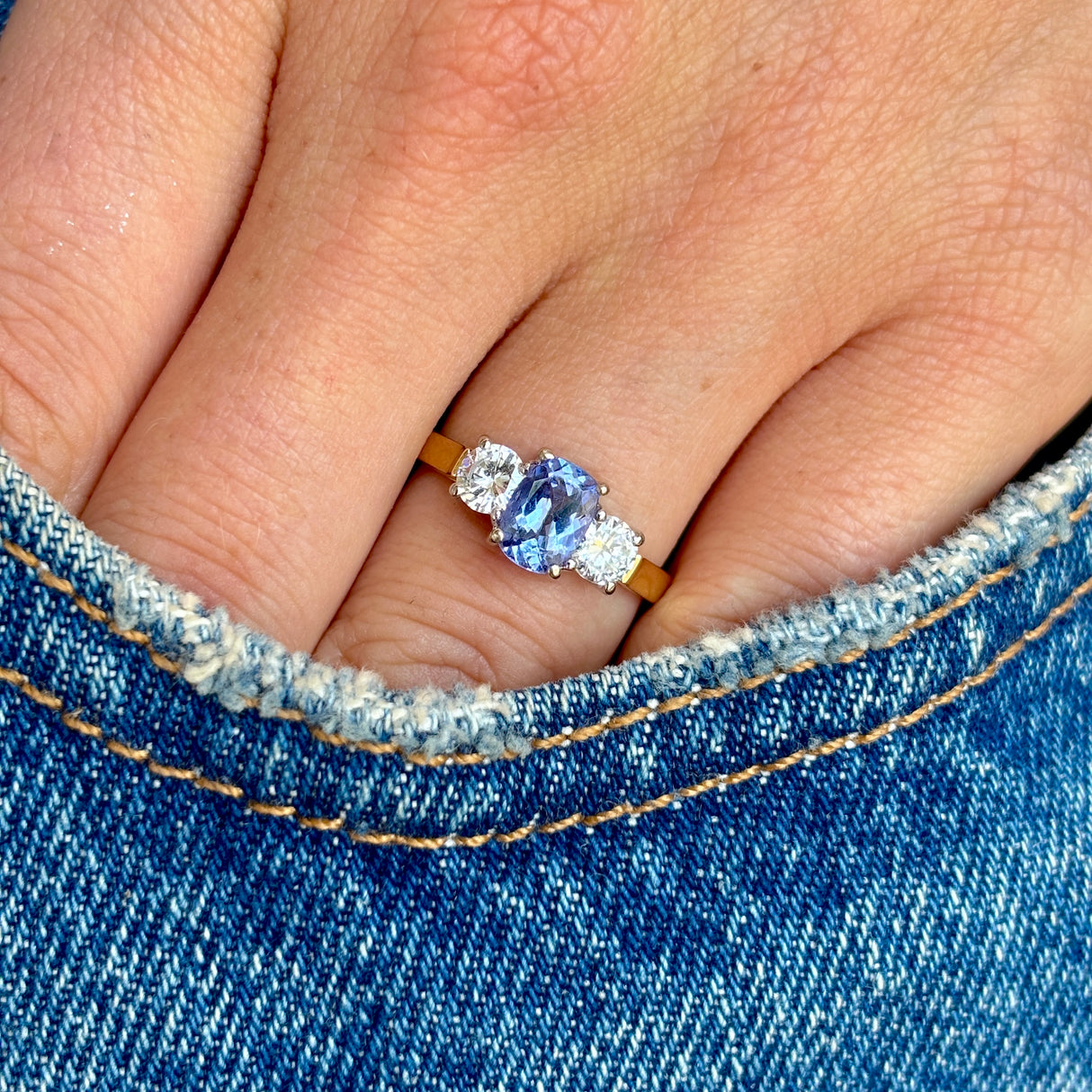 Vintage, 1980s sapphire & diamond three-stone ring, 18ct yellow gold
