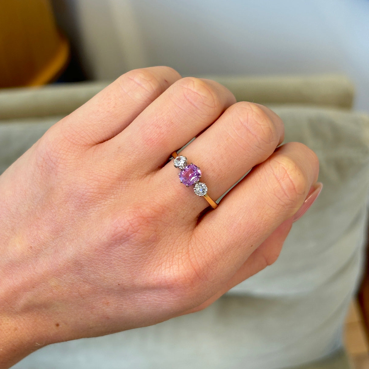 Vintage, pink sapphire & diamond three-stone ring, 18ct yellow gold