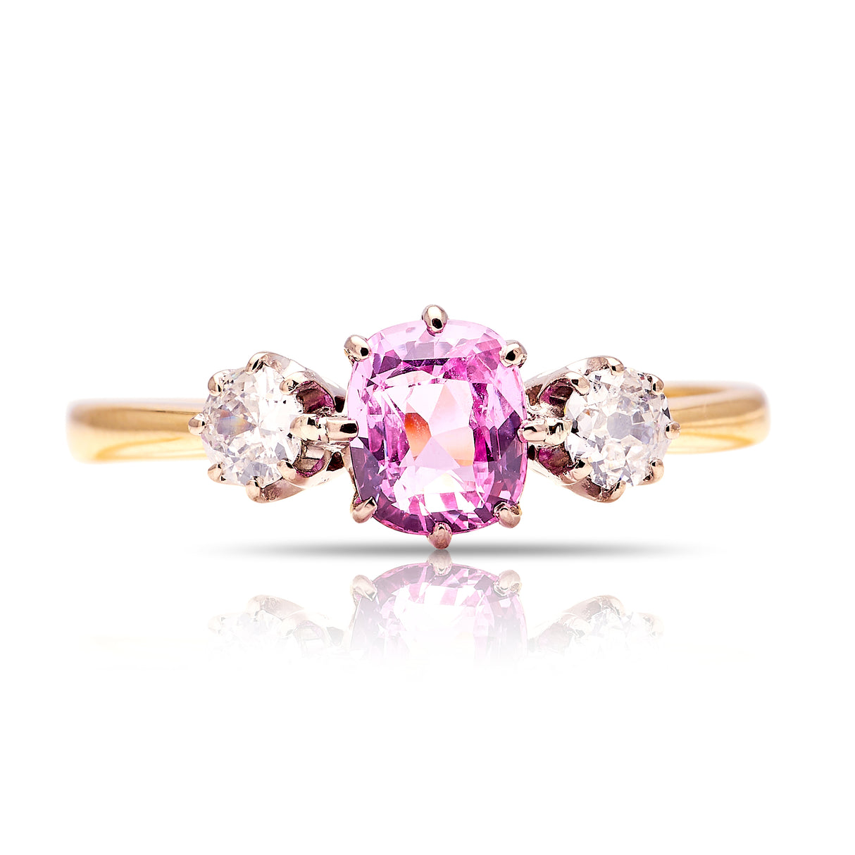 Vintage, pink sapphire & diamond three-stone ring, 18ct yellow gold