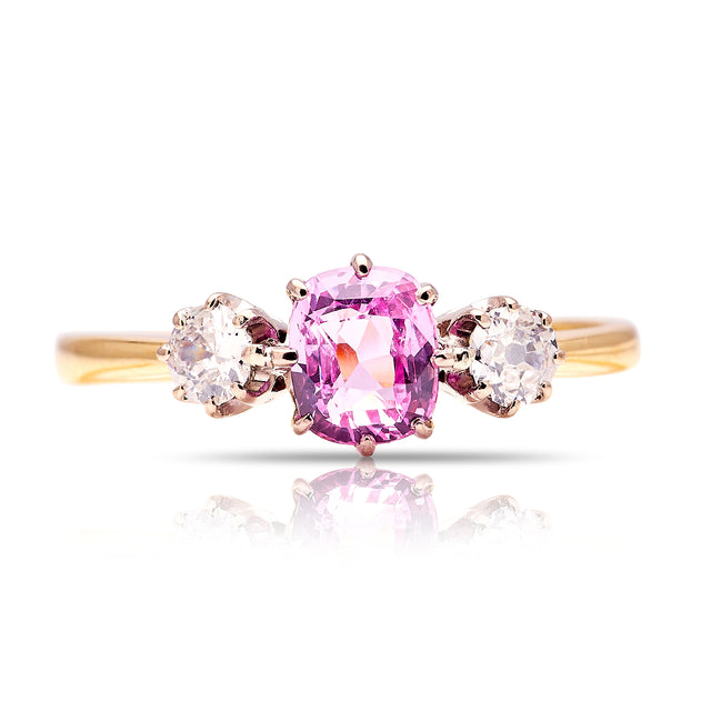 Vintage, pink sapphire & diamond three-stone ring, 18ct yellow gold