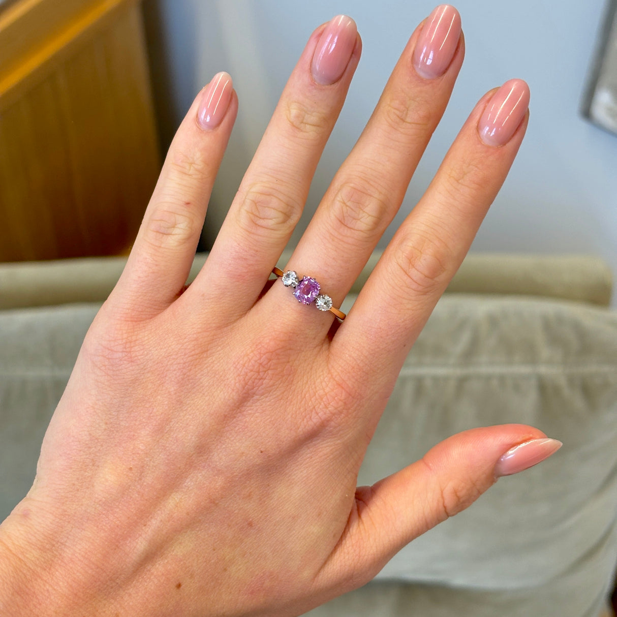 Vintage, pink sapphire & diamond three-stone ring, 18ct yellow gold