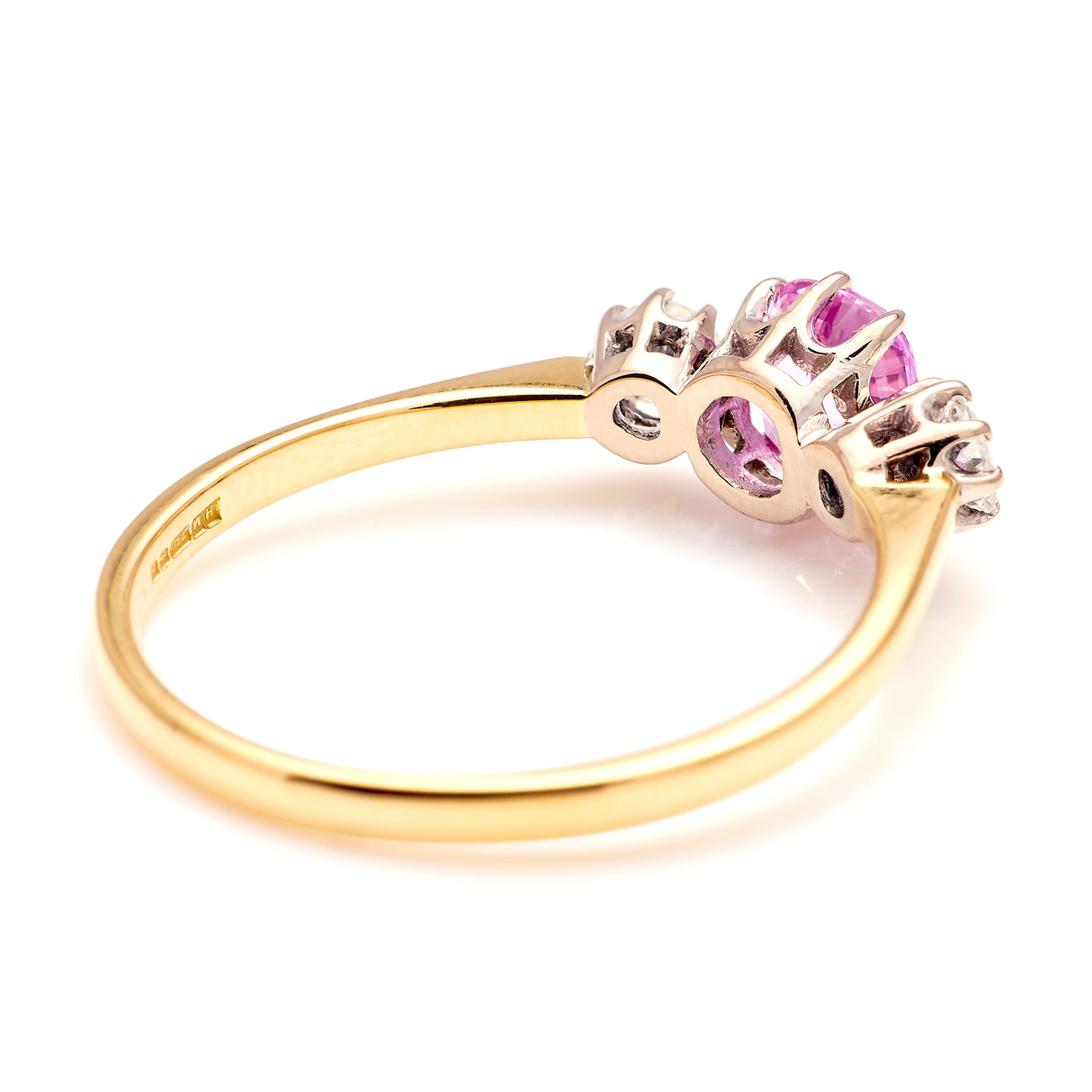 Vintage, pink sapphire & diamond three-stone ring, 18ct yellow gold