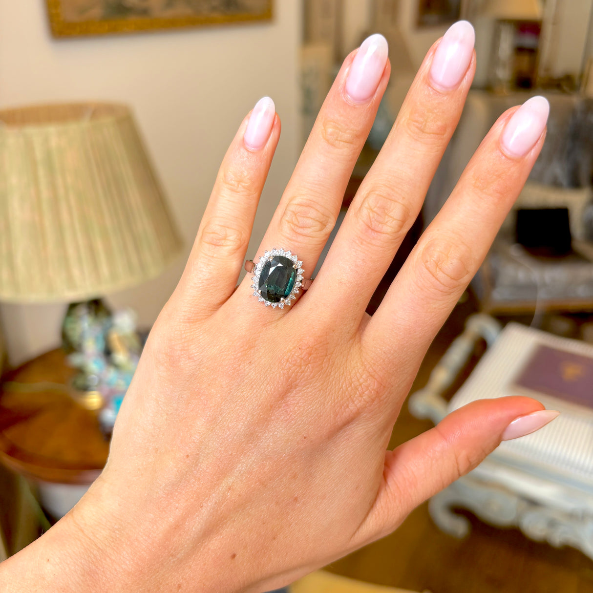 Vintage, 1950s green 4ct sapphire & diamond cluster ring