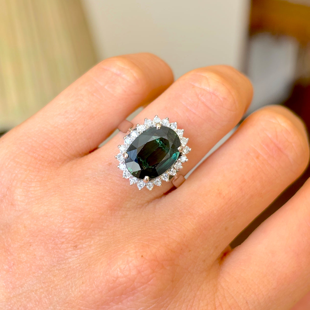 Vintage, 1950s green 4ct sapphire & diamond cluster ring