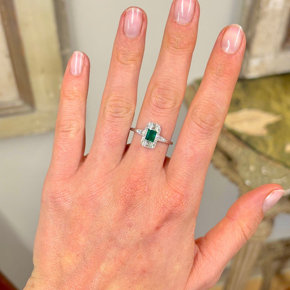 Vintage, Art Deco emerald & diamond panel ring