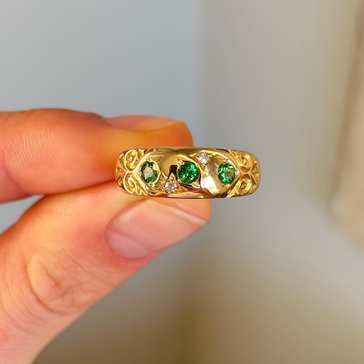 Antique, Victorian three-stone green garnet gypsy ring