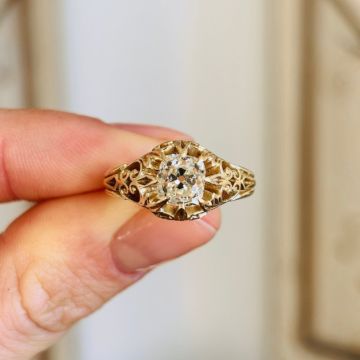 Antique, Victorian solitaire old mine cut diamond ring