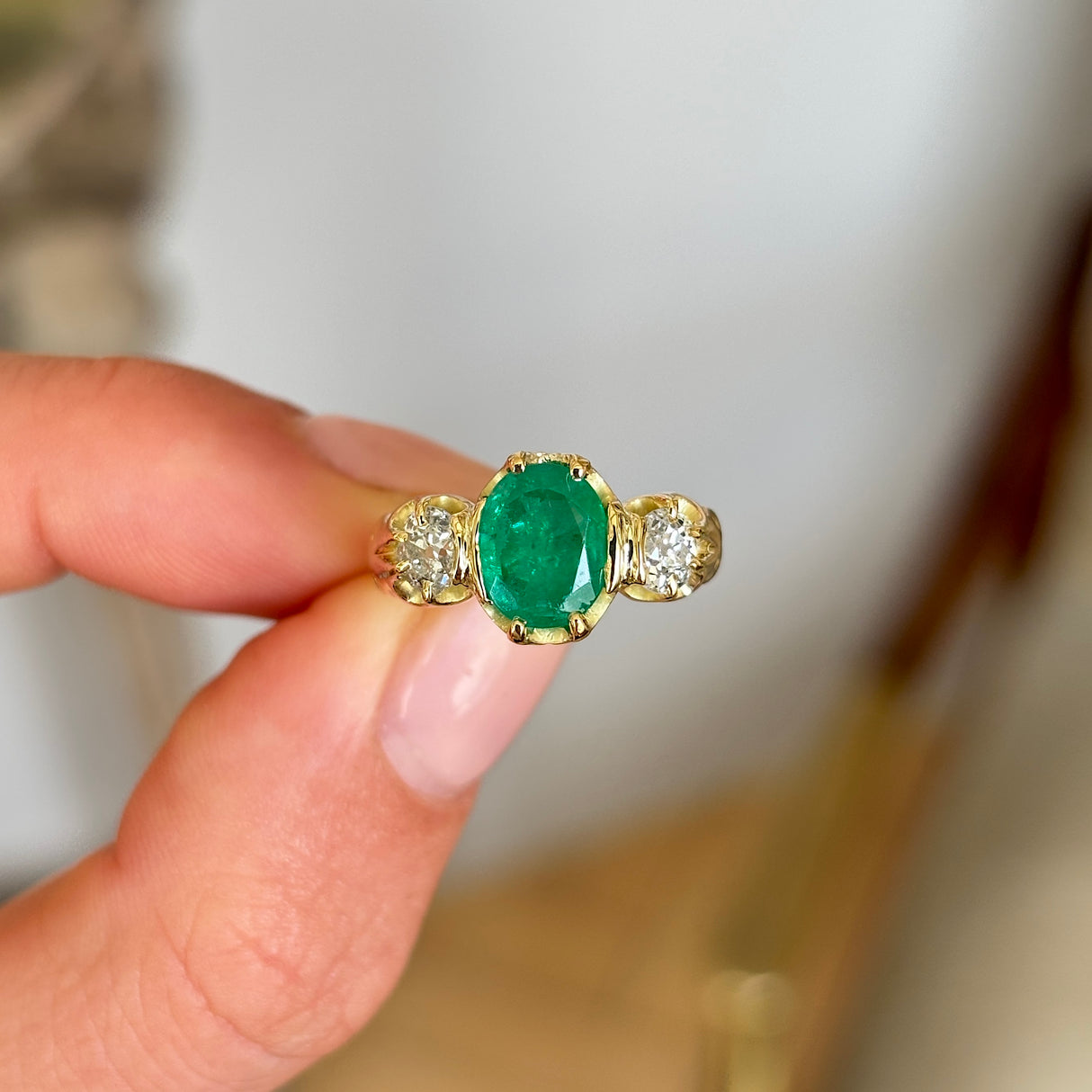 Antique, Victorian emerald & diamond three-stone ring