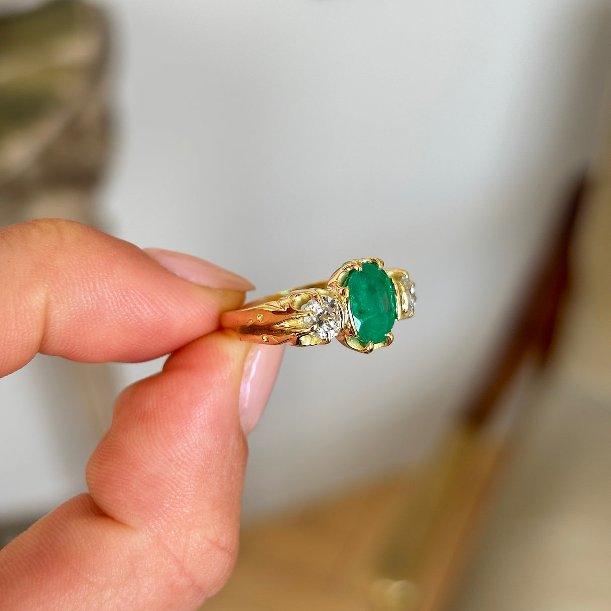 Antique, Victorian emerald & diamond three-stone ring