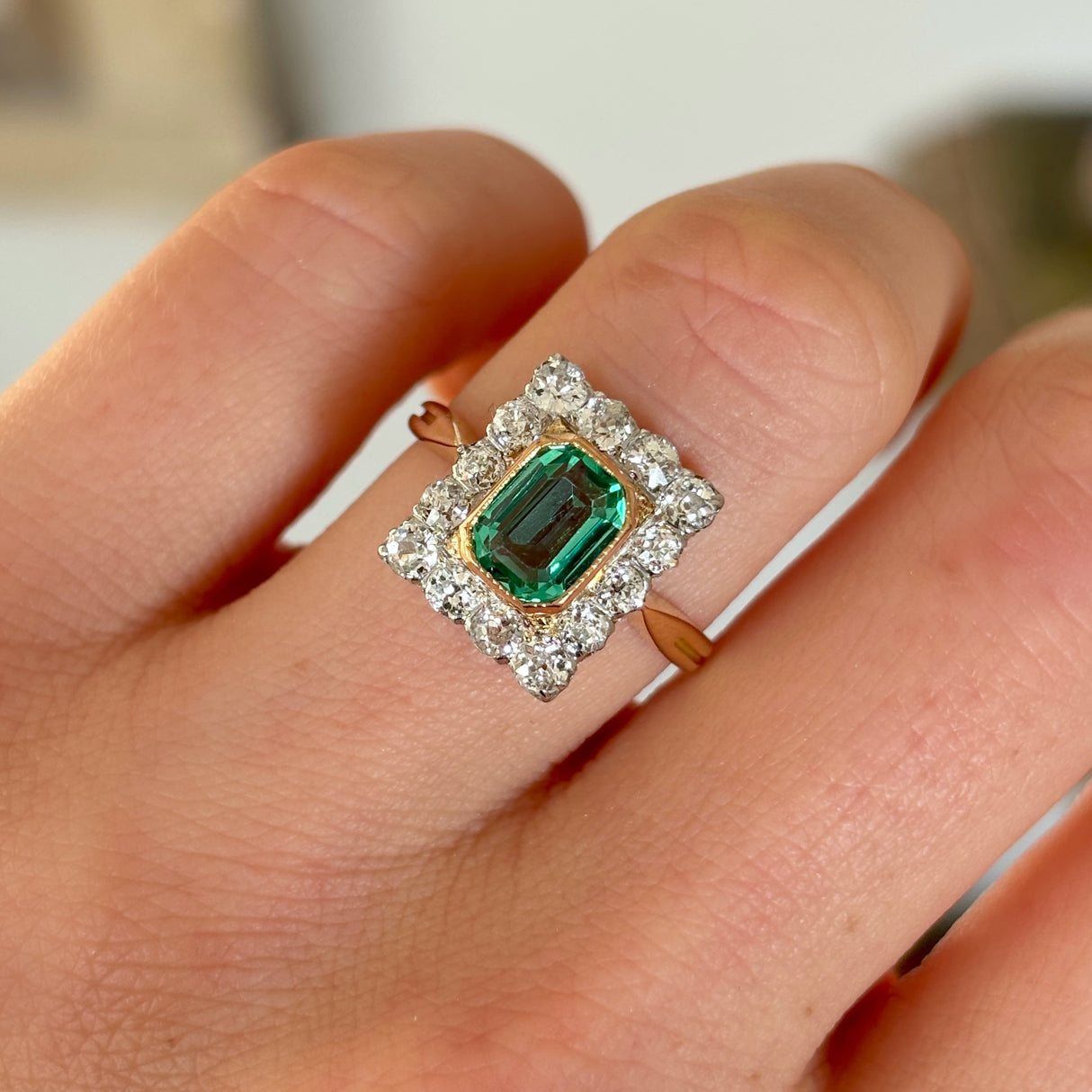 Antique, Edwardian emerald & diamond panel cluster ring