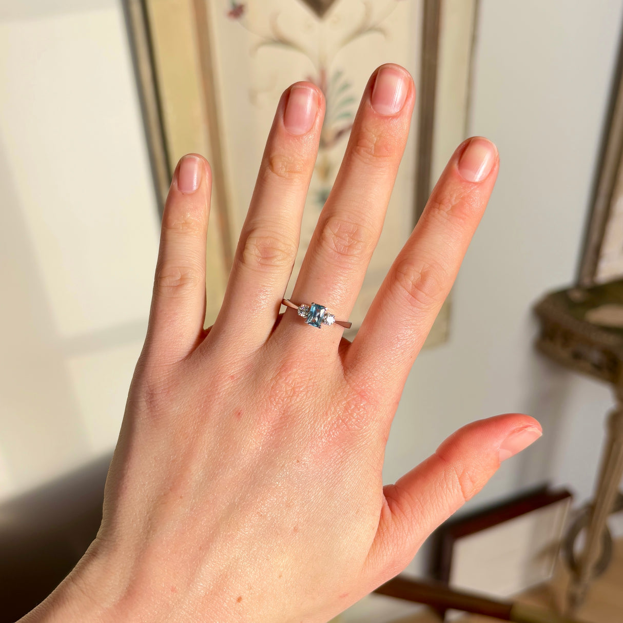 Vintage, 1970s blue spinel & diamond three-stone ring