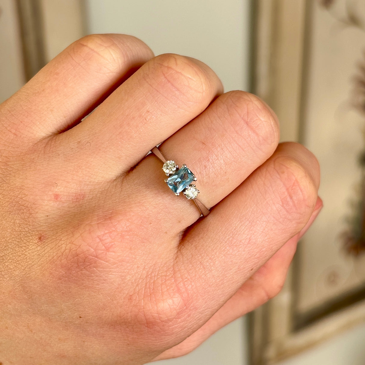 Vintage, 1970s blue spinel & diamond three-stone ring