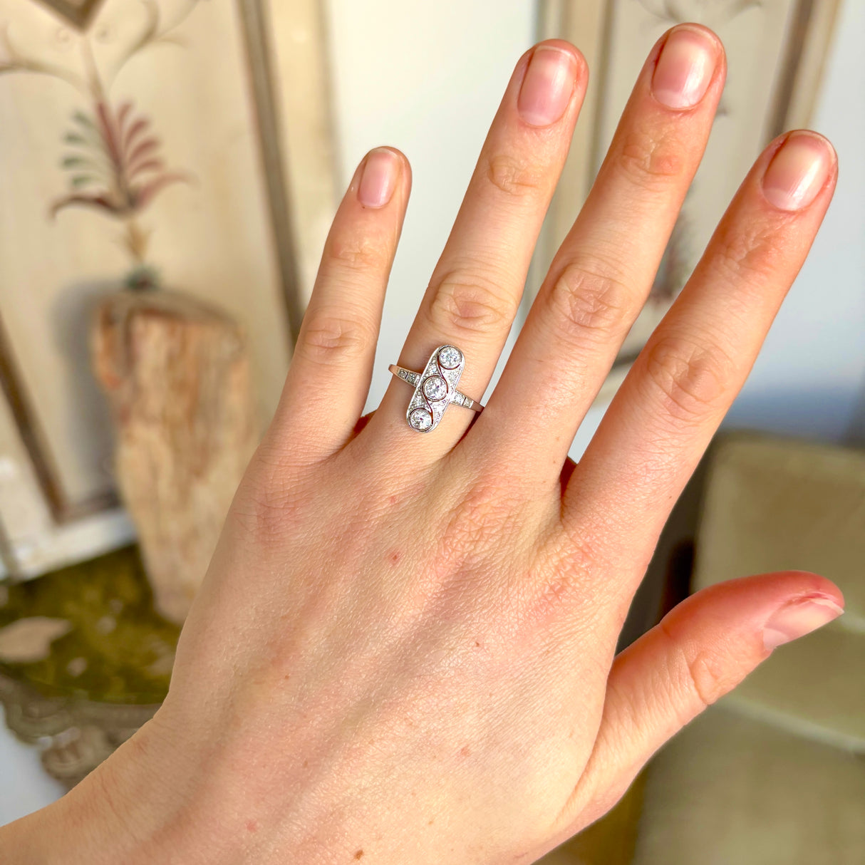 Vintage, Art Deco three-stone diamond panel ring