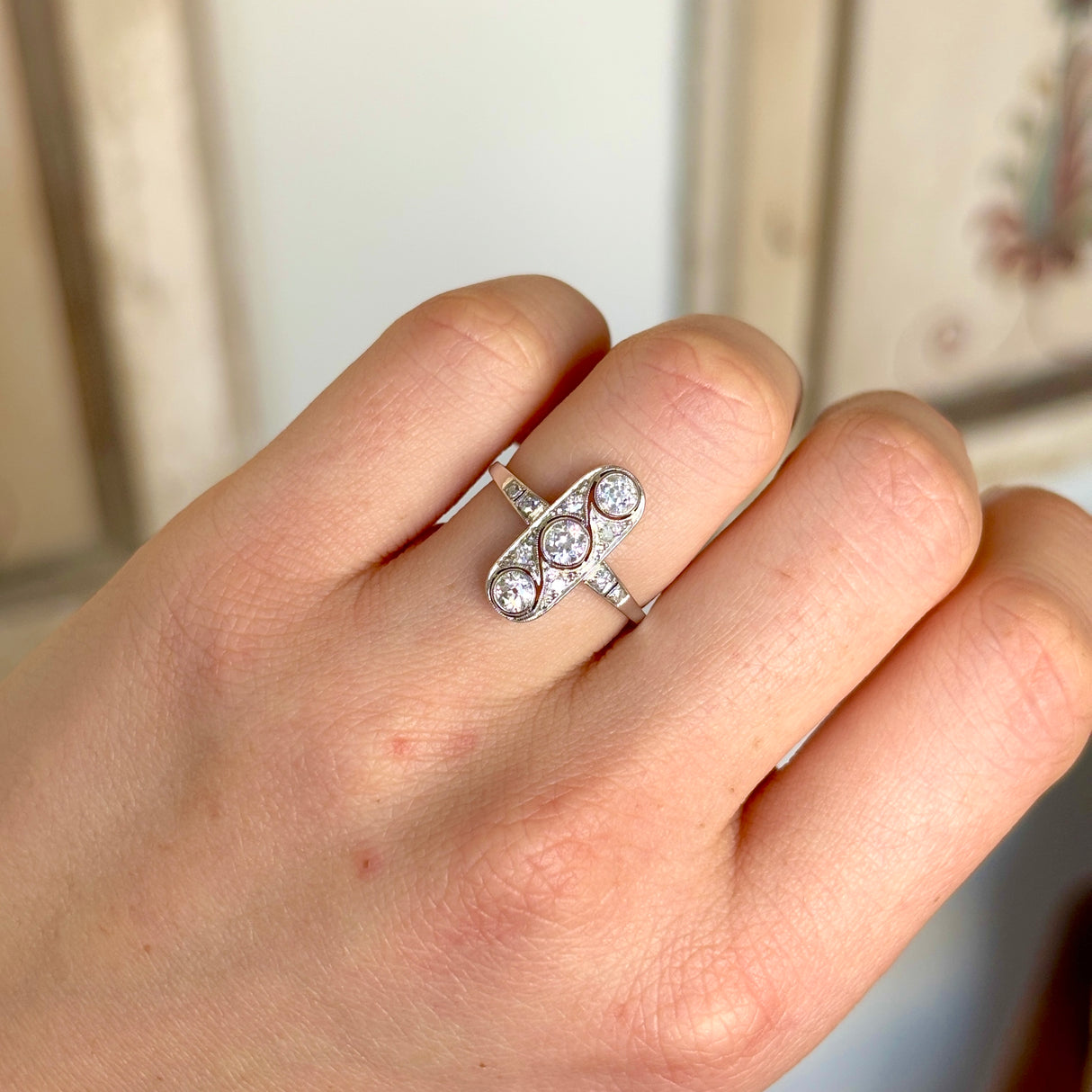 Vintage, Art Deco three-stone diamond panel ring