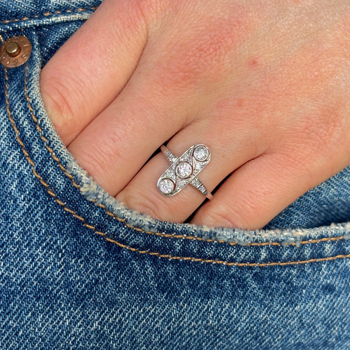 Vintage, Art Deco three-stone diamond panel ring