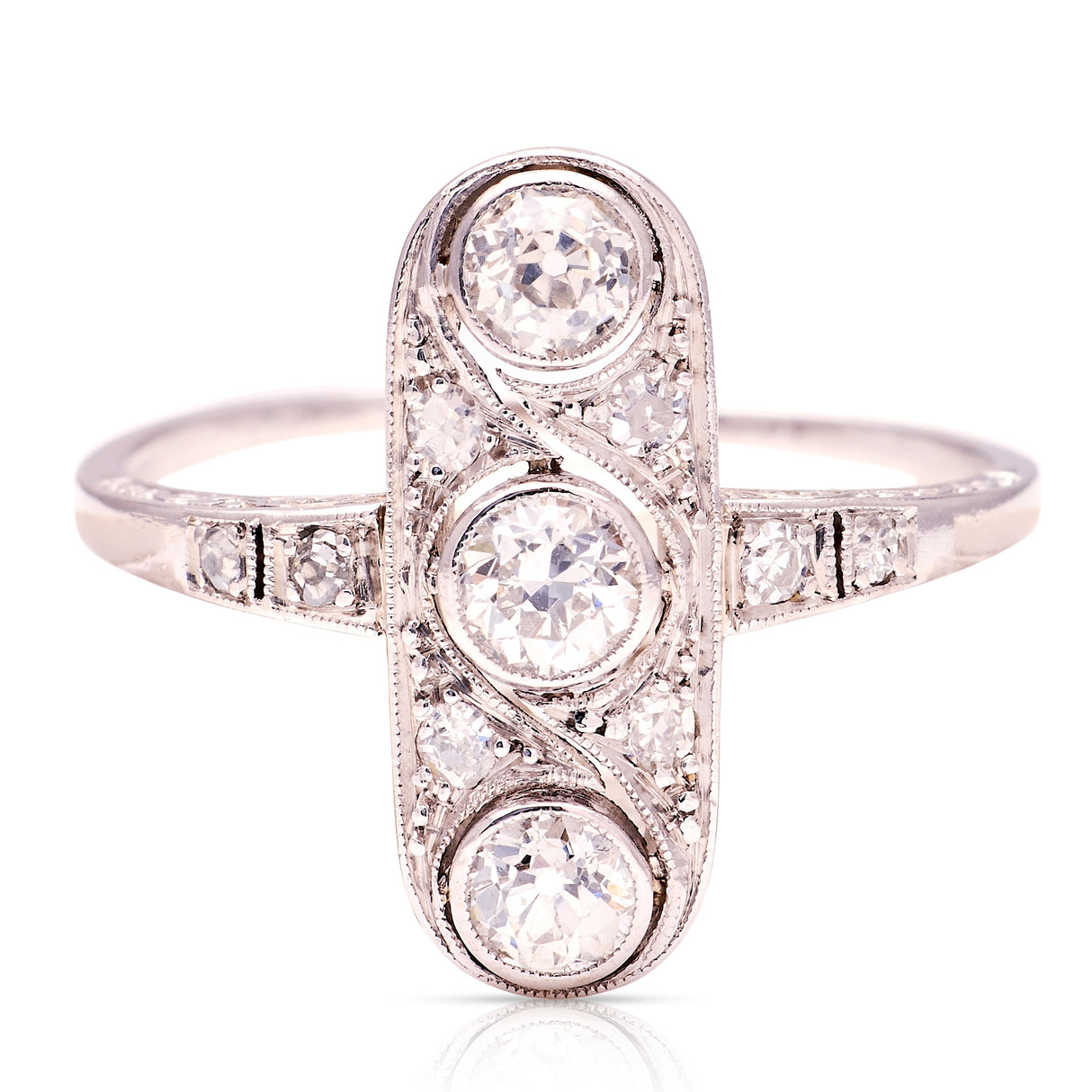 Vintage, Art Deco three-stone diamond panel ring