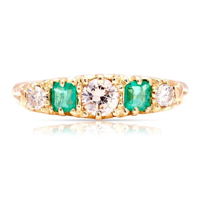 Vintage, 1980s emerald & diamond five-stone ring