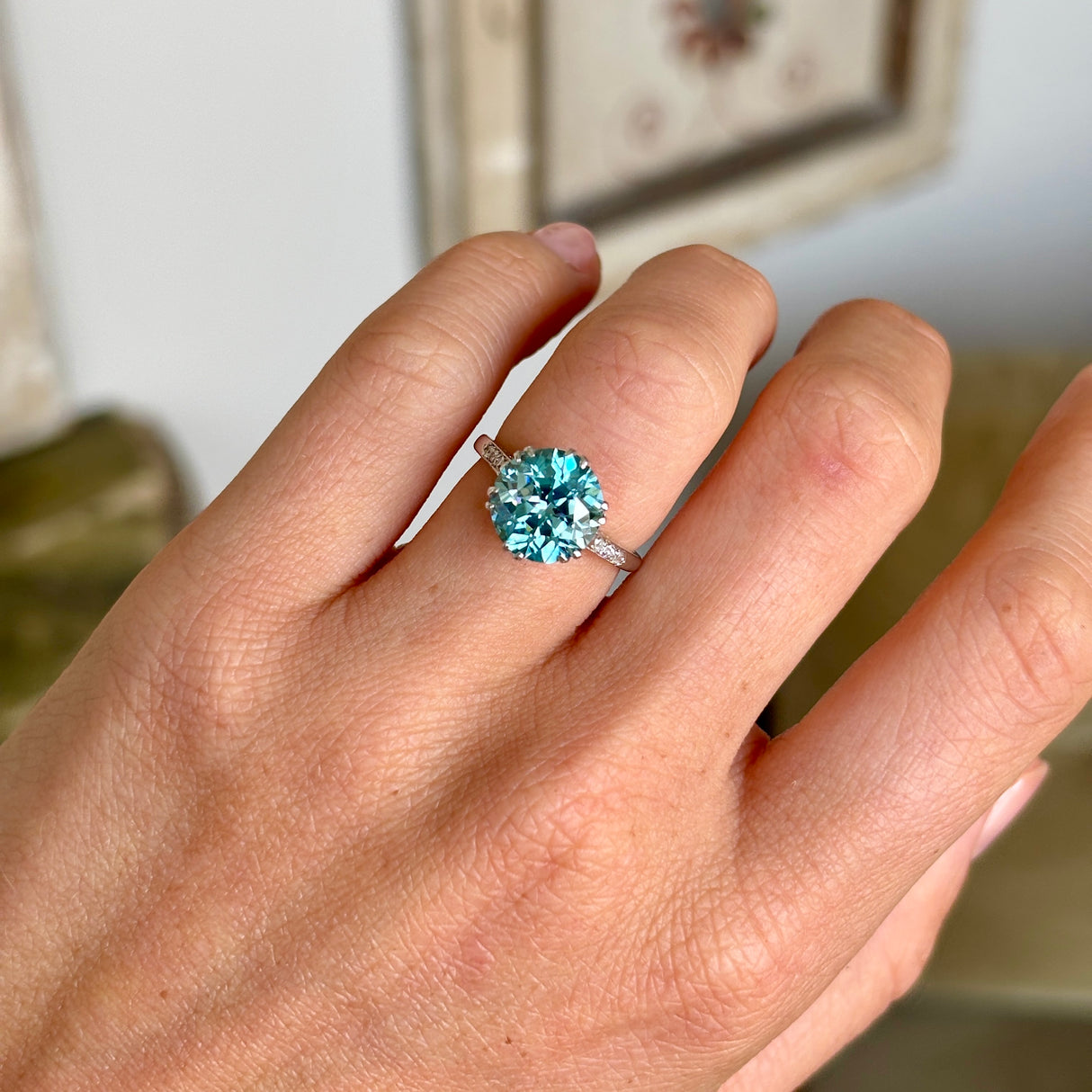 Vintage, Art Deco 6ct blue zircon & diamond ring