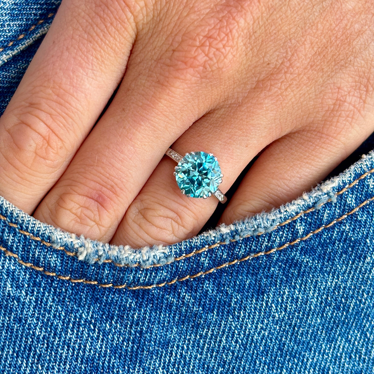 Vintage, Art Deco 6ct blue zircon & diamond ring