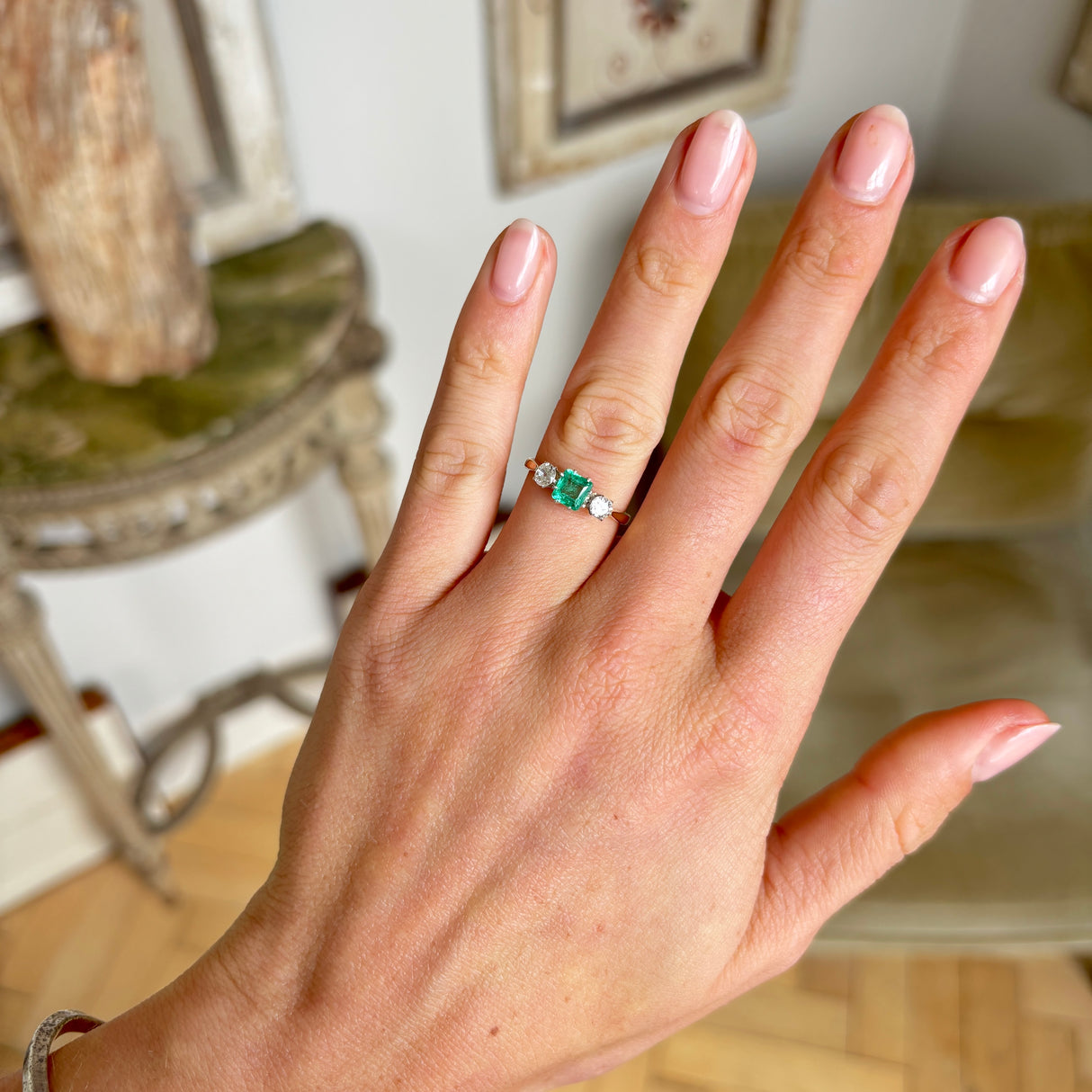 Vintage, Art Deco emerald & diamond three-stone ring