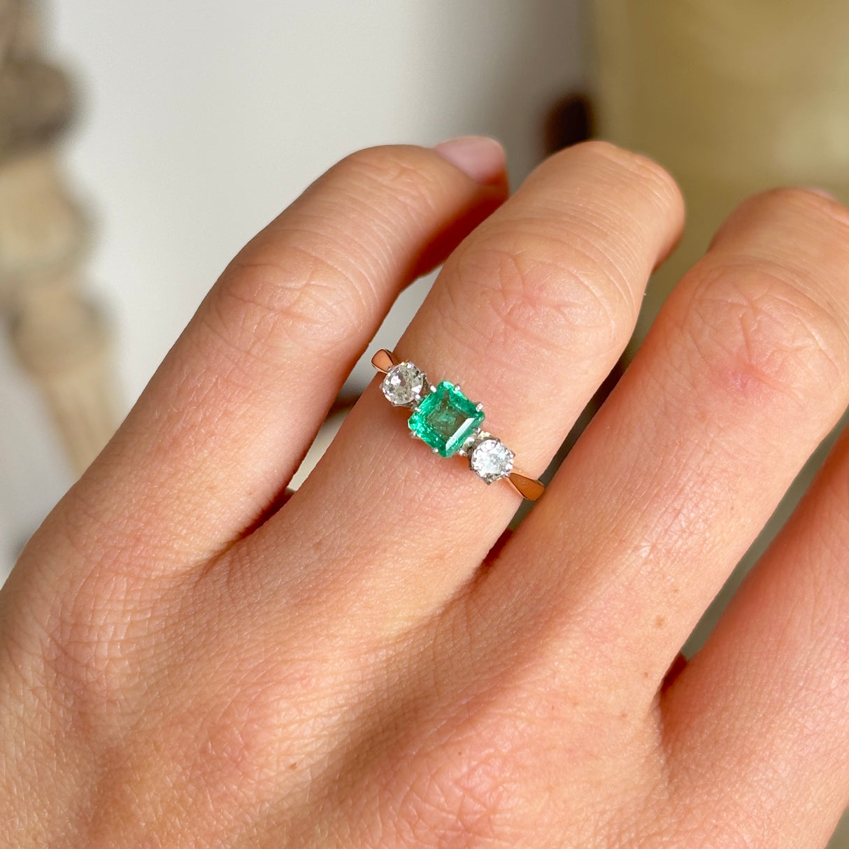 Vintage, Art Deco emerald & diamond three-stone ring