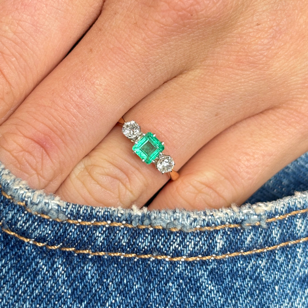 Vintage, Art Deco emerald & diamond three-stone ring