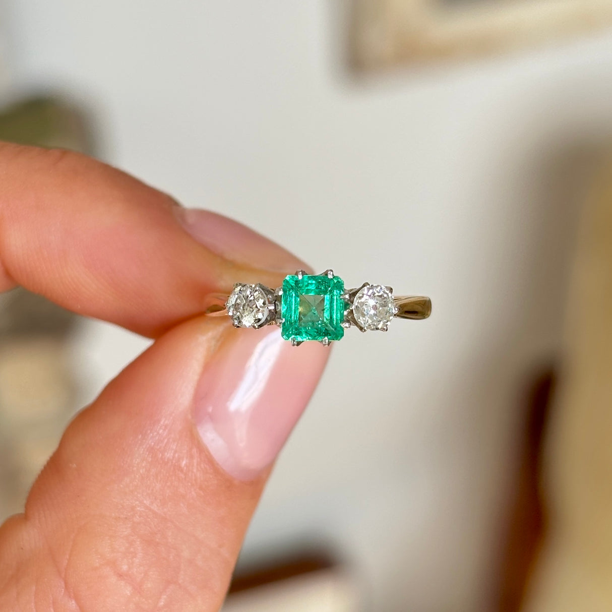 Vintage, Art Deco emerald & diamond three-stone ring