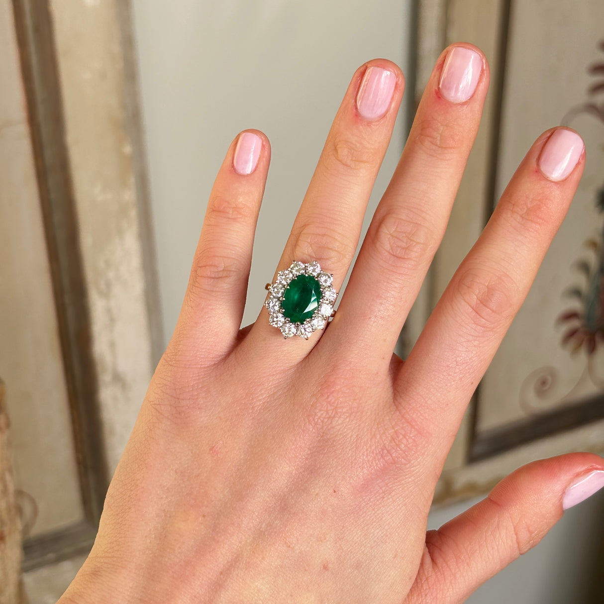 Vintage, 1990s emerald & diamond cluster cocktail ring