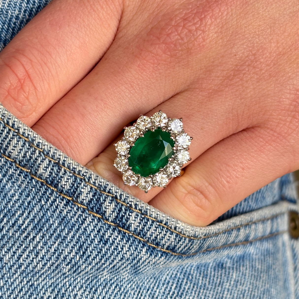Vintage, 1990s emerald & diamond cluster cocktail ring