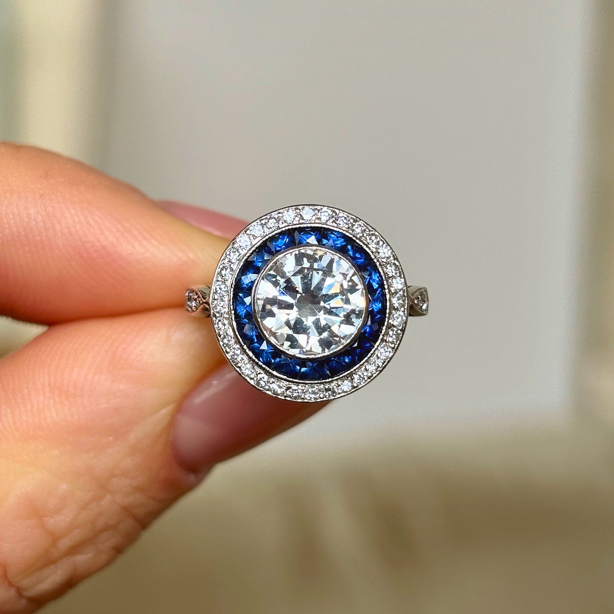 Vintage, Art Deco sapphire & diamond target cluster ring