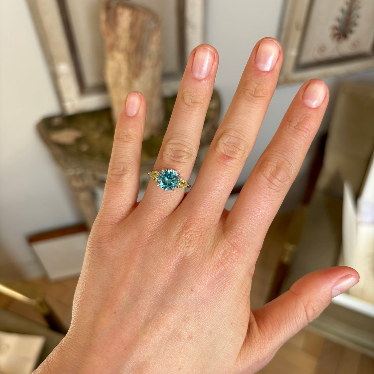 Vintage, zircon & yellow diamond three-stone ring