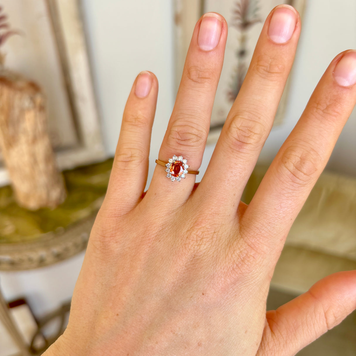Vintage, 1950s orange sapphire & diamond cluster ring
