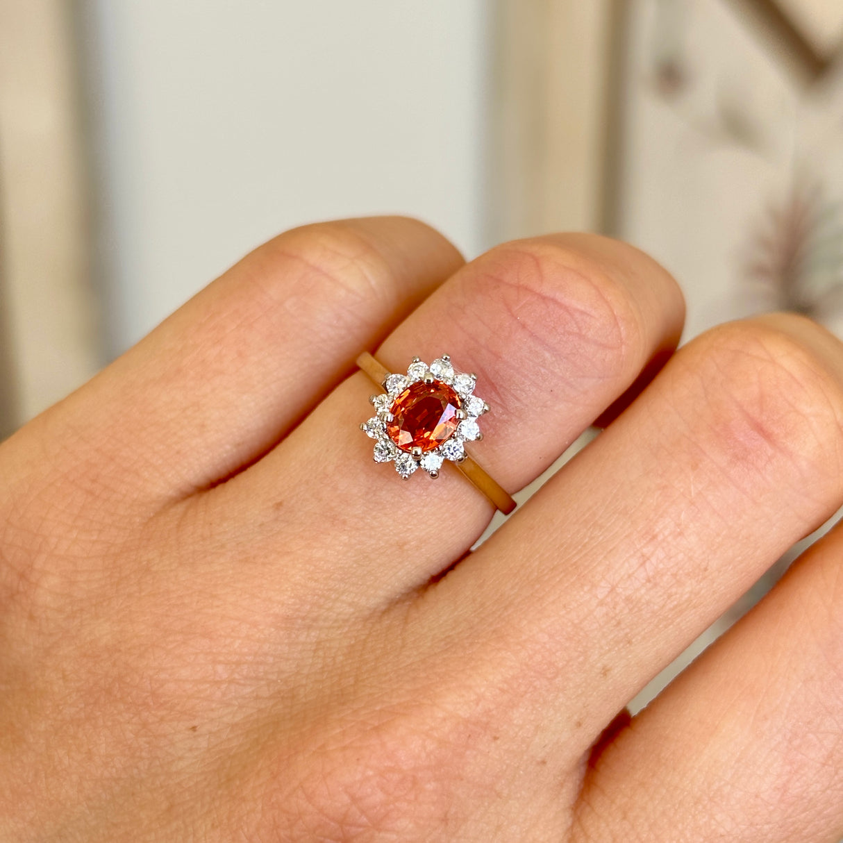Vintage, 1950s orange sapphire & diamond cluster ring