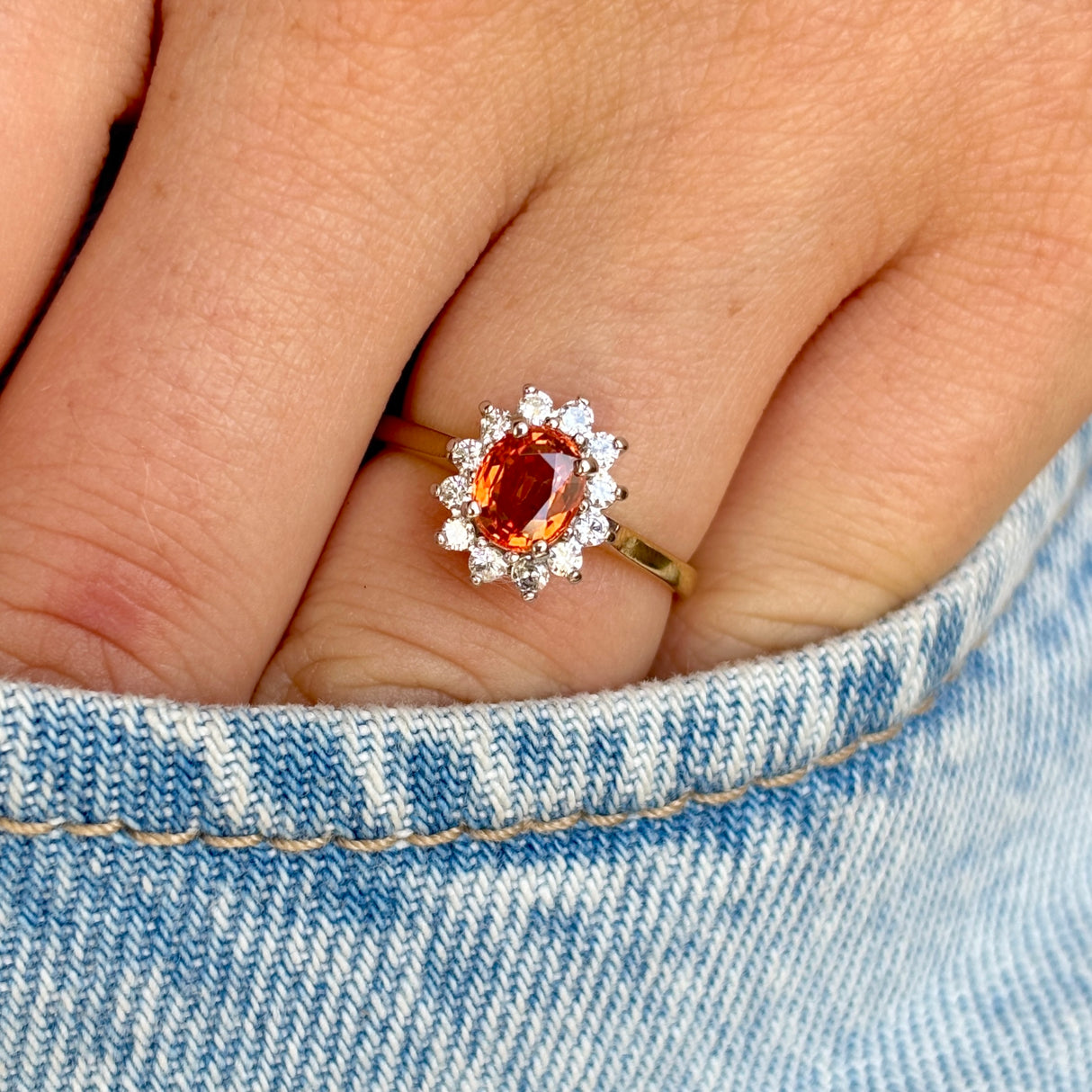 Vintage, 1950s orange sapphire & diamond cluster ring