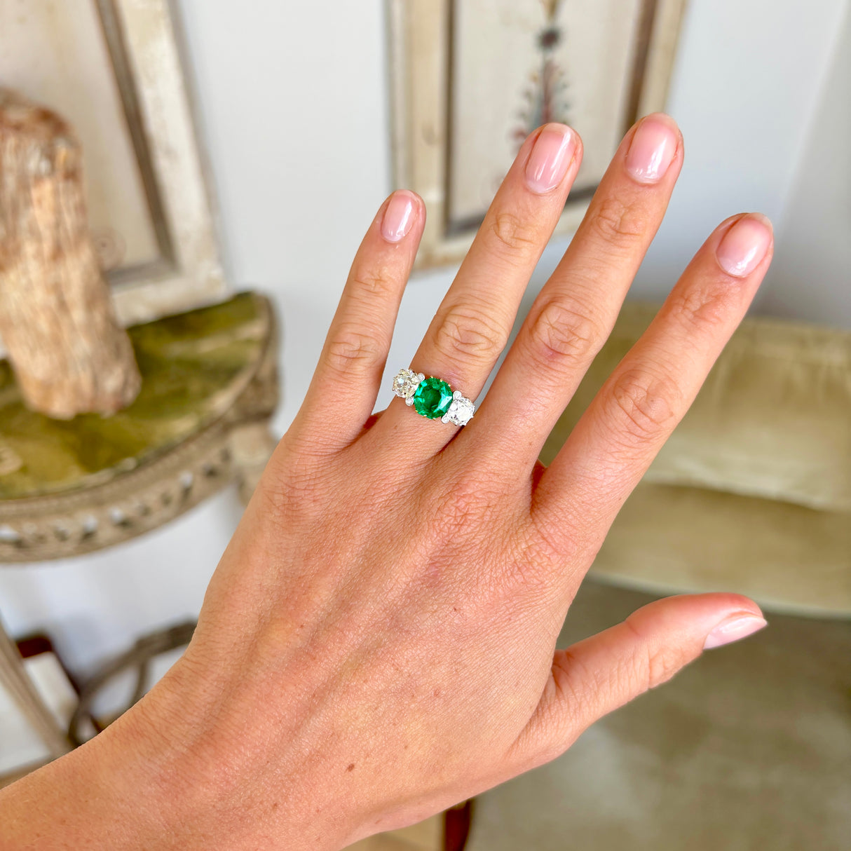 Antique, Belle Époque emerald & diamond three-stone ring